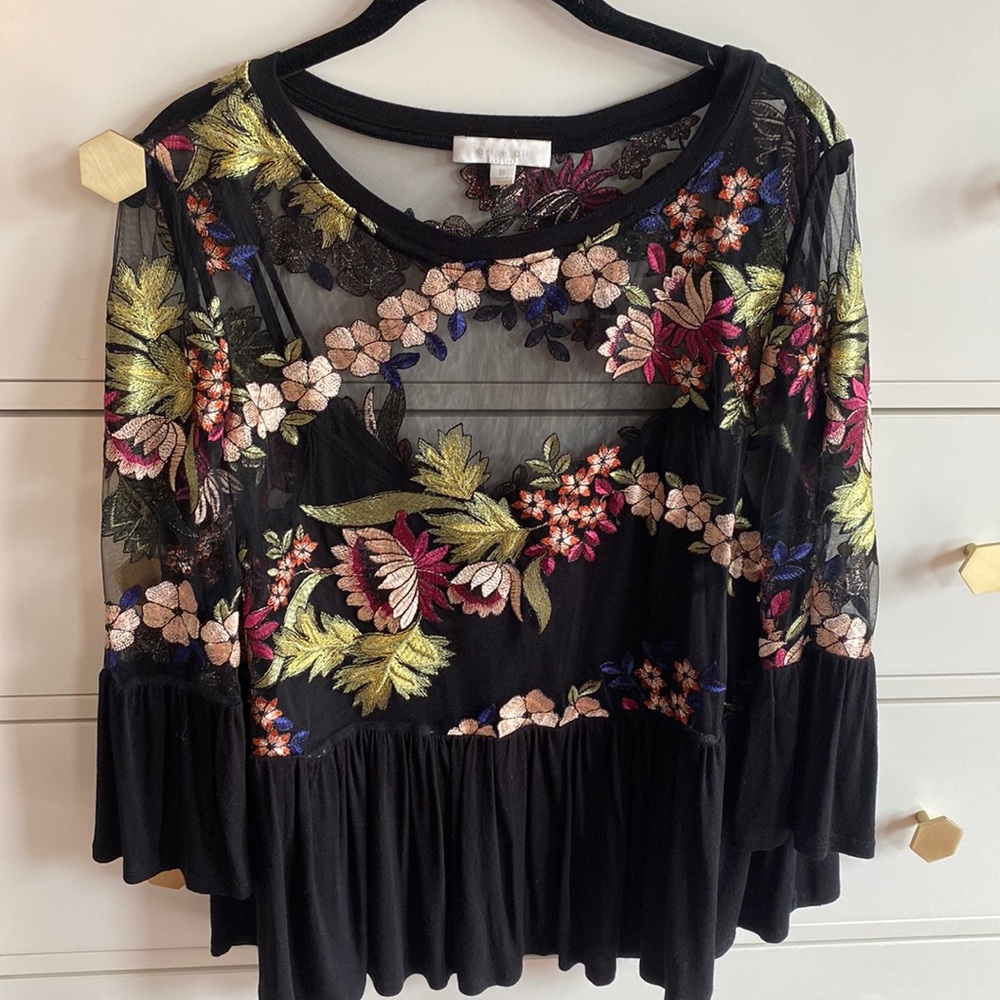 Anthropologie Floral Embroidered Sheer Blouse